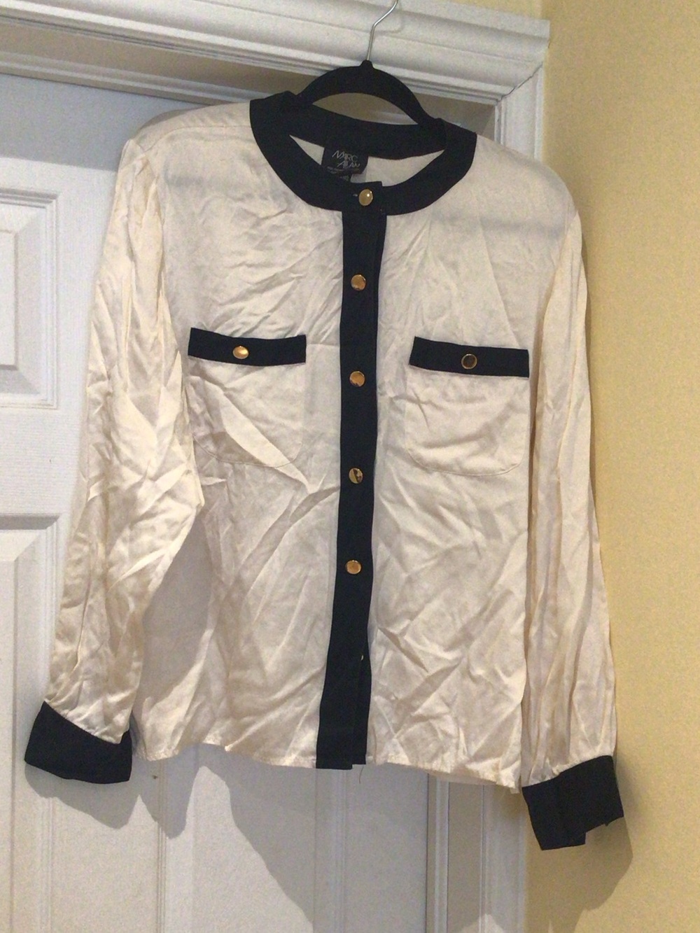 Chanel Like Cream Blouse with Black Trim and Gold Buttons